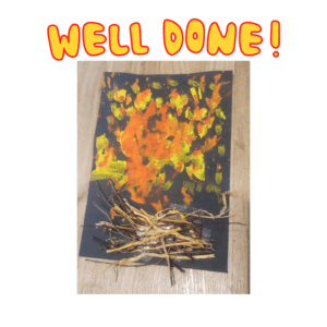 Children's painted picture of a bonfire in red and yellow paint on a black background.